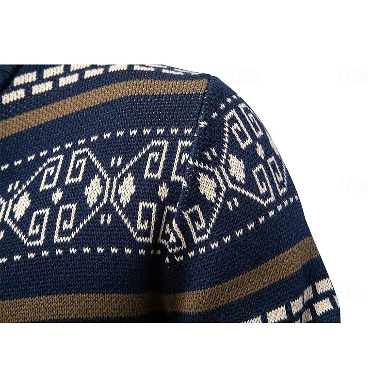 Knitted Zip-Up Cardigan Men's Fair Isle Pattern Stand Collar Sweater – Casual, Holiday Gift