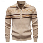 Knitted Zip-Up Cardigan Men's Fair Isle Pattern Stand Collar Sweater – Casual, Holiday Gift