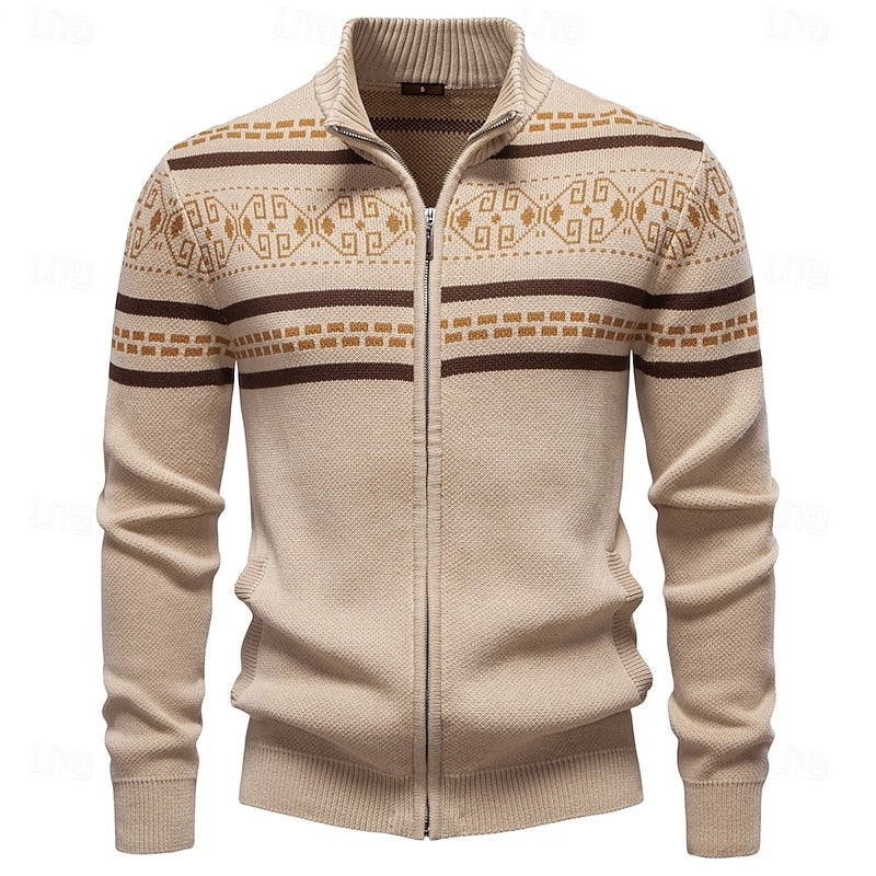 Knitted Zip-Up Cardigan Men's Fair Isle Pattern Stand Collar Sweater – Casual, Holiday Gift