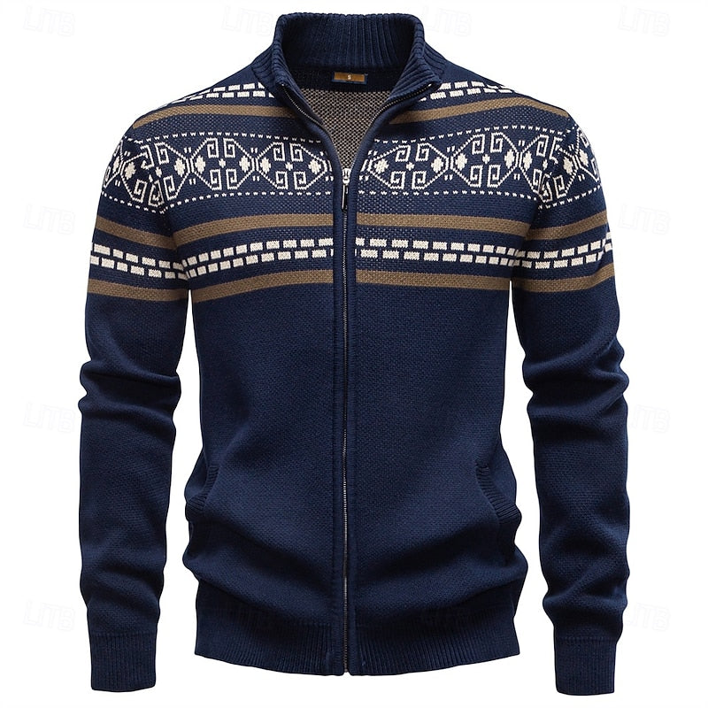 Knitted Zip-Up Cardigan Men's Fair Isle Pattern Stand Collar Sweater – Casual, Holiday Gift