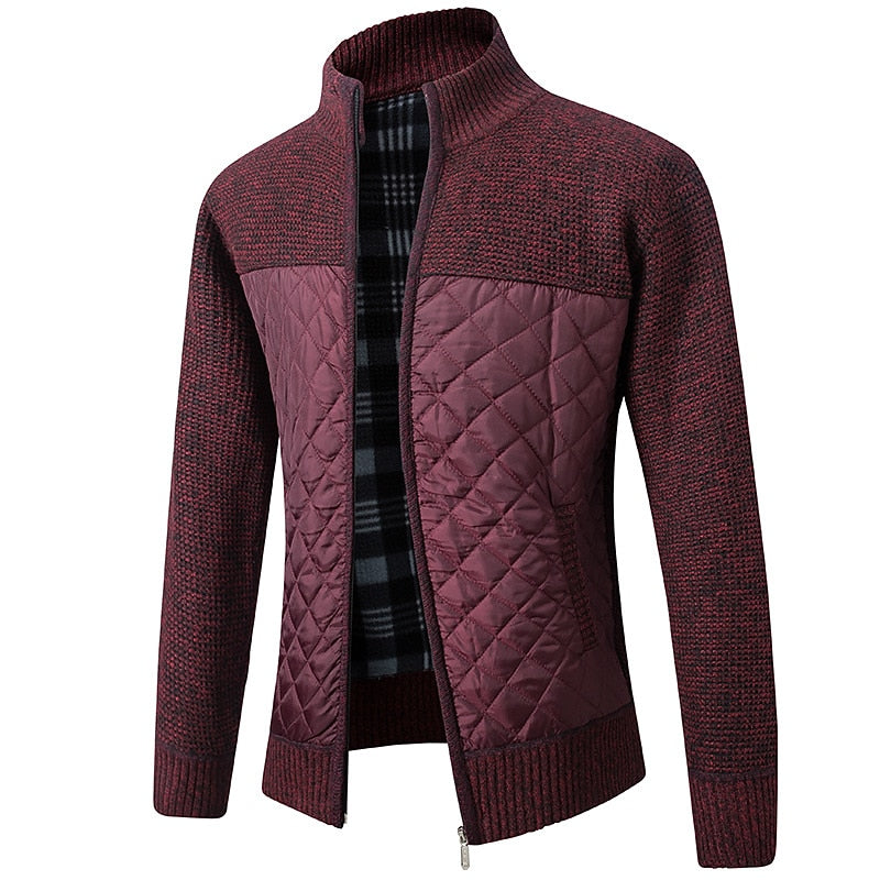 Knitted Zip-Up Cardigan Men's Stand Collar Quilted Fleece-Lined Jacket – Casual, Office