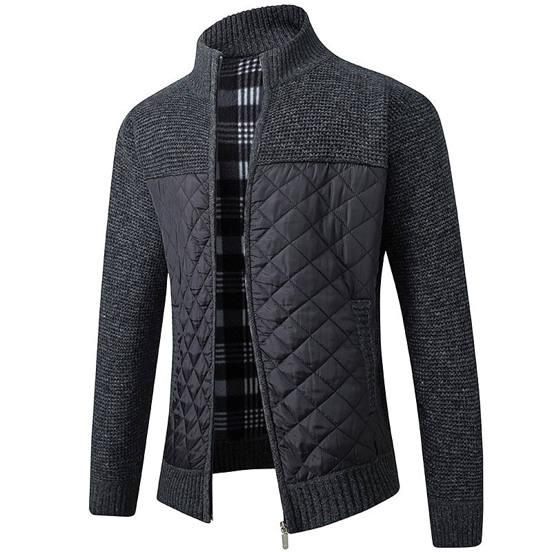Knitted Zip-Up Cardigan Men's Stand Collar Quilted Fleece-Lined Jacket – Casual, Office