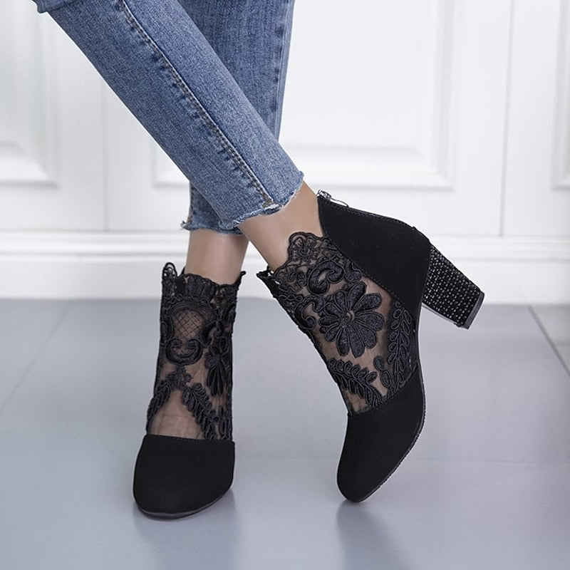Lace Ankle Boots Women's Suede Block Heel Floral Mesh Back Zip – Casual, Office, Holiday, Gift