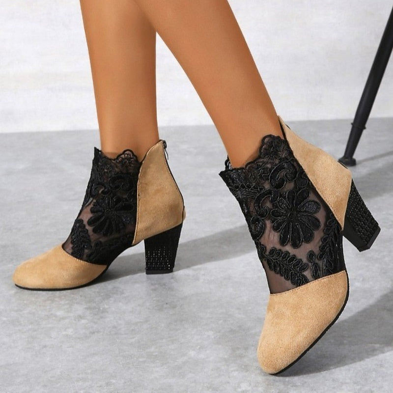 Lace Ankle Boots Women's Suede Block Heel Floral Mesh Back Zip – Casual, Office, Holiday, Gift