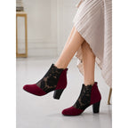 Lace Ankle Boots Women's Suede Block Heel Floral Mesh Back Zip – Casual, Office, Holiday, Gift