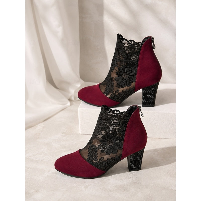 Lace Ankle Boots Women's Suede Block Heel Floral Mesh Back Zip – Casual, Office, Holiday, Gift