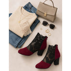 Lace Ankle Boots Women's Suede Block Heel Floral Mesh Back Zip – Casual, Office, Holiday, Gift