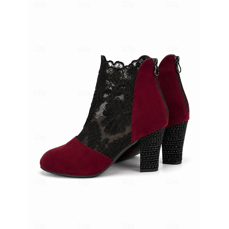 Lace Ankle Boots Women's Suede Block Heel Floral Mesh Back Zip – Casual, Office, Holiday, Gift