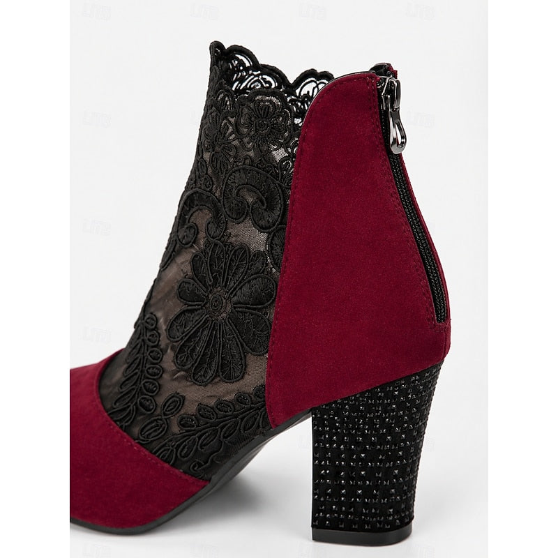 Lace Ankle Boots Women's Suede Block Heel Floral Mesh Back Zip – Casual, Office, Holiday, Gift