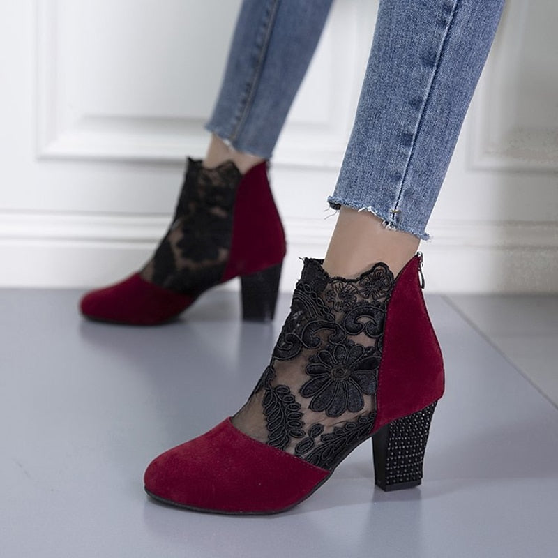 Lace Ankle Boots Women's Suede Block Heel Floral Mesh Back Zip – Casual, Office, Holiday, Gift
