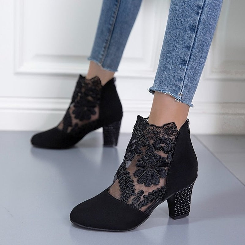 Lace Ankle Boots Women's Suede Block Heel Floral Mesh Back Zip – Casual, Office, Holiday, Gift
