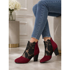 Lace Ankle Boots Women's Suede Block Heel Floral Mesh Back Zip – Casual, Office, Holiday, Gift