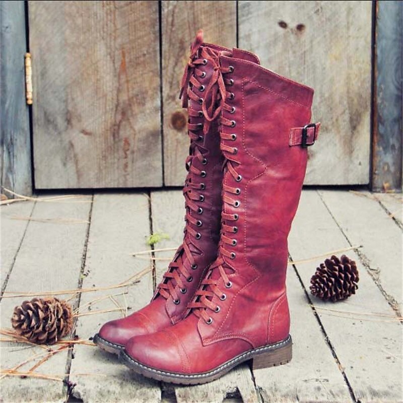 Lace-Up Riding Boots Women's Tall Brown Buckle Knee-High – Casual, Gift · Faylori