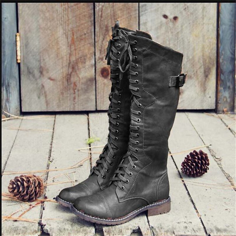 Lace-Up Riding Boots Women's Tall Brown Buckle Knee-High – Casual, Gift · Faylori