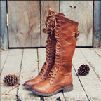 Lace-Up Riding Boots Women's Tall Brown Buckle Knee-High – Casual, Gift · Faylori