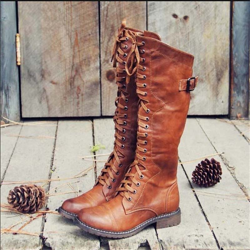 Lace-Up Riding Boots Women's Tall Brown Buckle Knee-High – Casual, Gift · Faylori