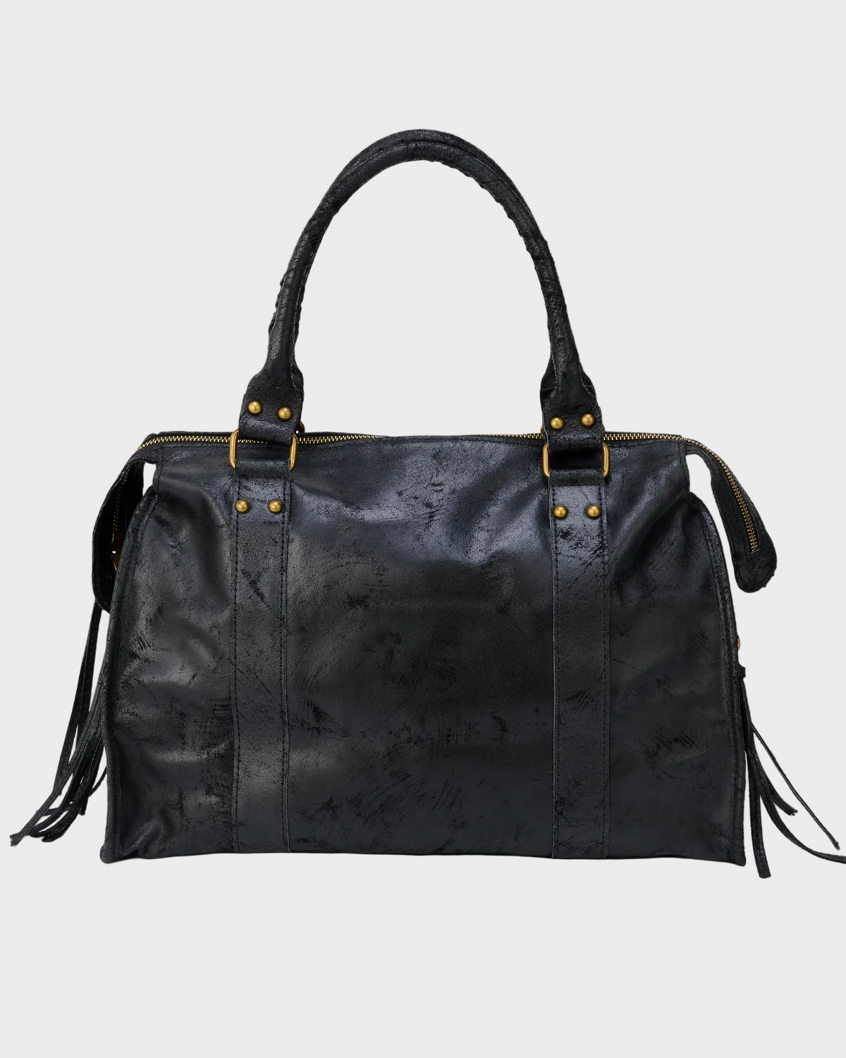Leather Handbag Black Distressed with Tassel Zip Pocket Women's Satchel – Casual, Office