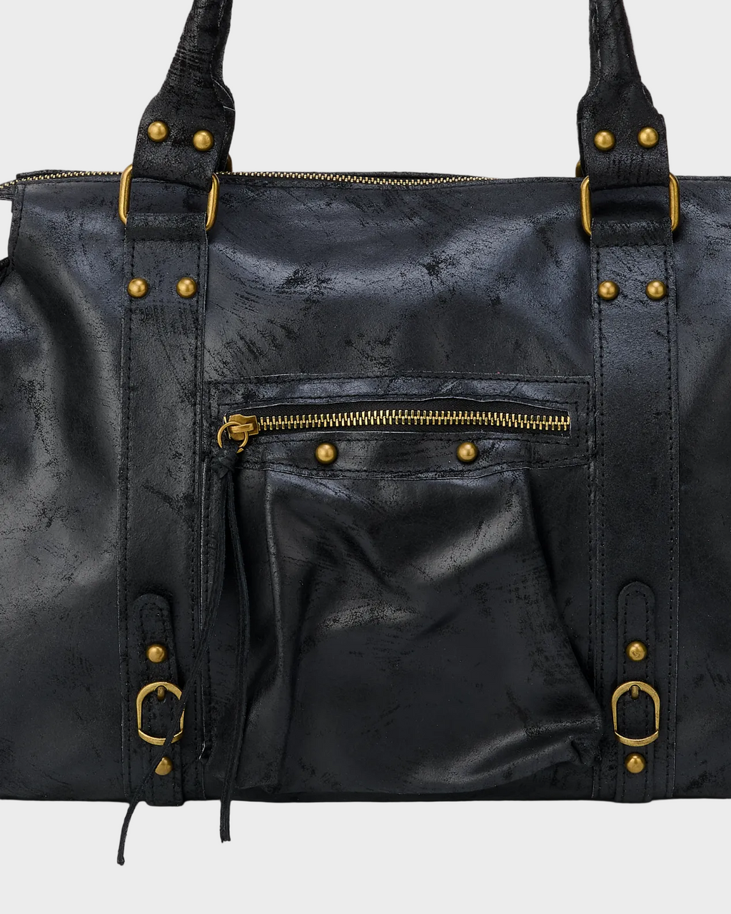 Leather Handbag Black Distressed with Tassel Zip Pocket Women's Satchel – Casual, Office