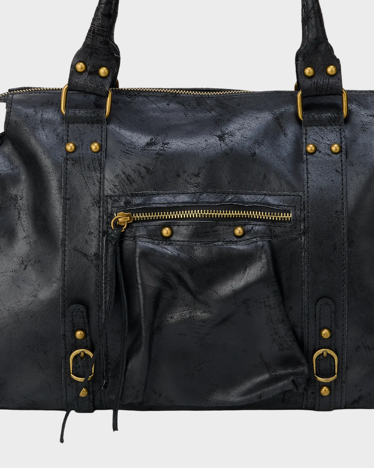 Leather Handbag Black Distressed with Tassel Zip Pocket Women's Satchel – Casual, Office