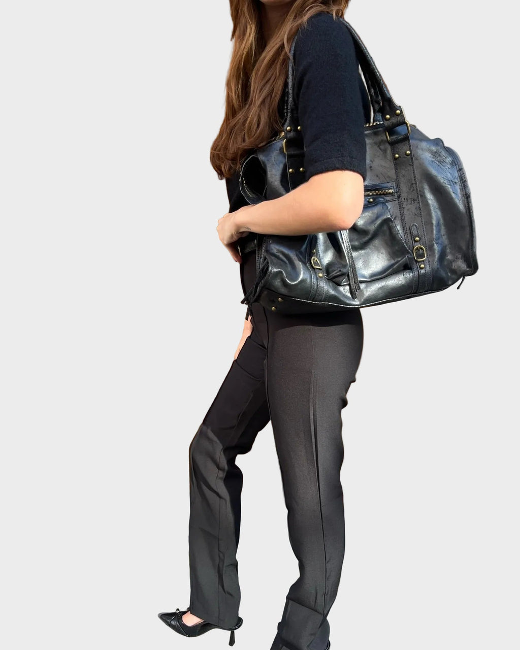 Leather Handbag Black Distressed with Tassel Zip Pocket Women's Satchel – Casual, Office