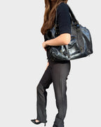 Leather Handbag Black Distressed with Tassel Zip Pocket Women's Satchel – Casual, Office