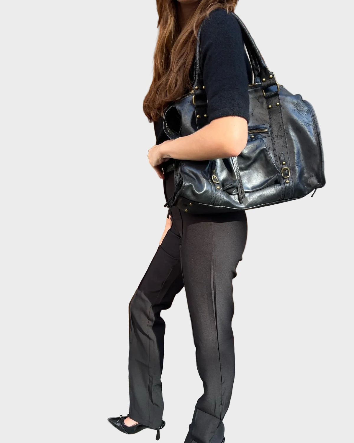 Leather Handbag Black Distressed with Tassel Zip Pocket Women's Satchel – Casual, Office