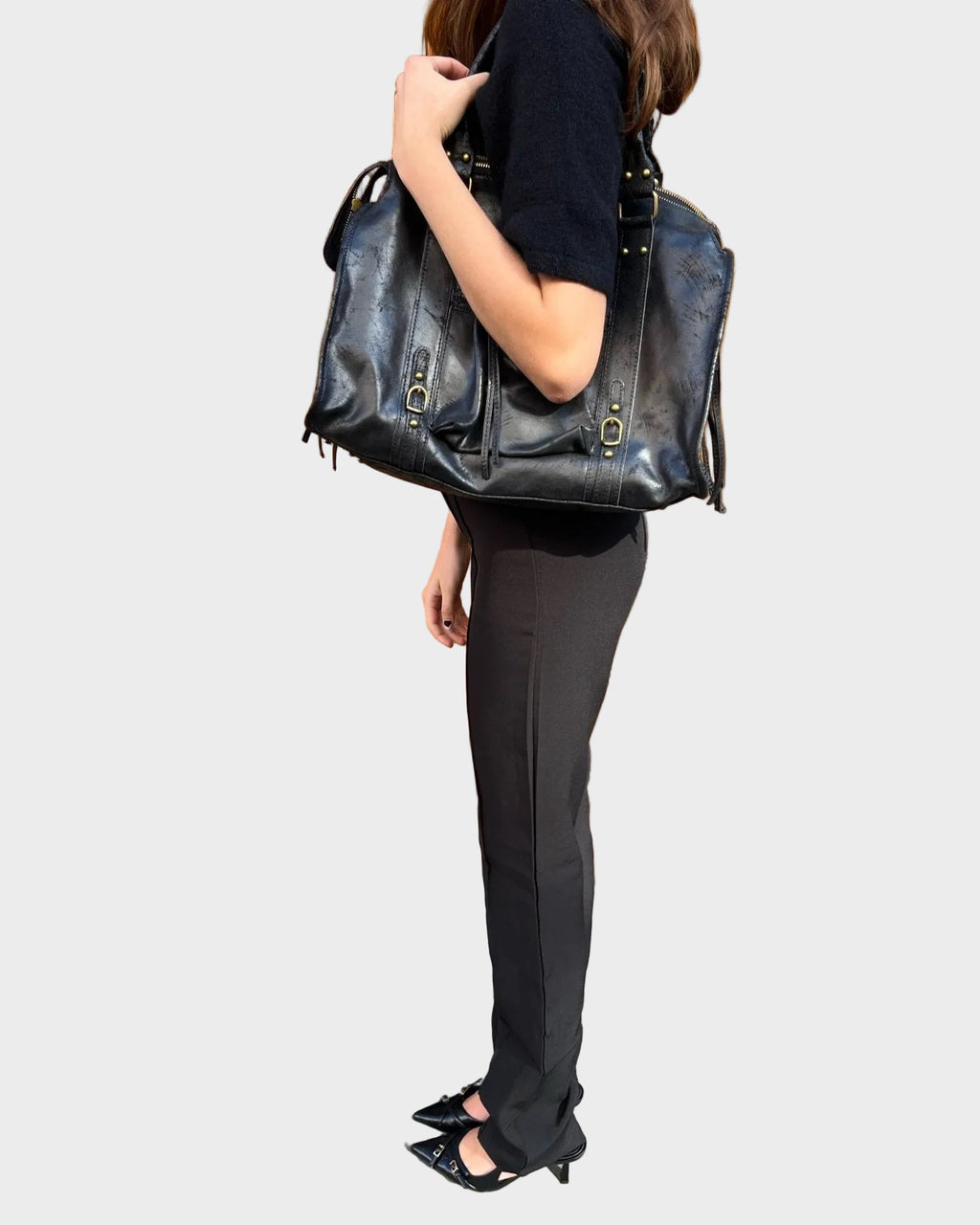 Leather Handbag Black Distressed with Tassel Zip Pocket Women's Satchel – Casual, Office