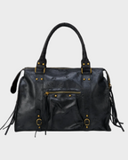 Leather Handbag Black Distressed with Tassel Zip Pocket Women's Satchel – Casual, Office