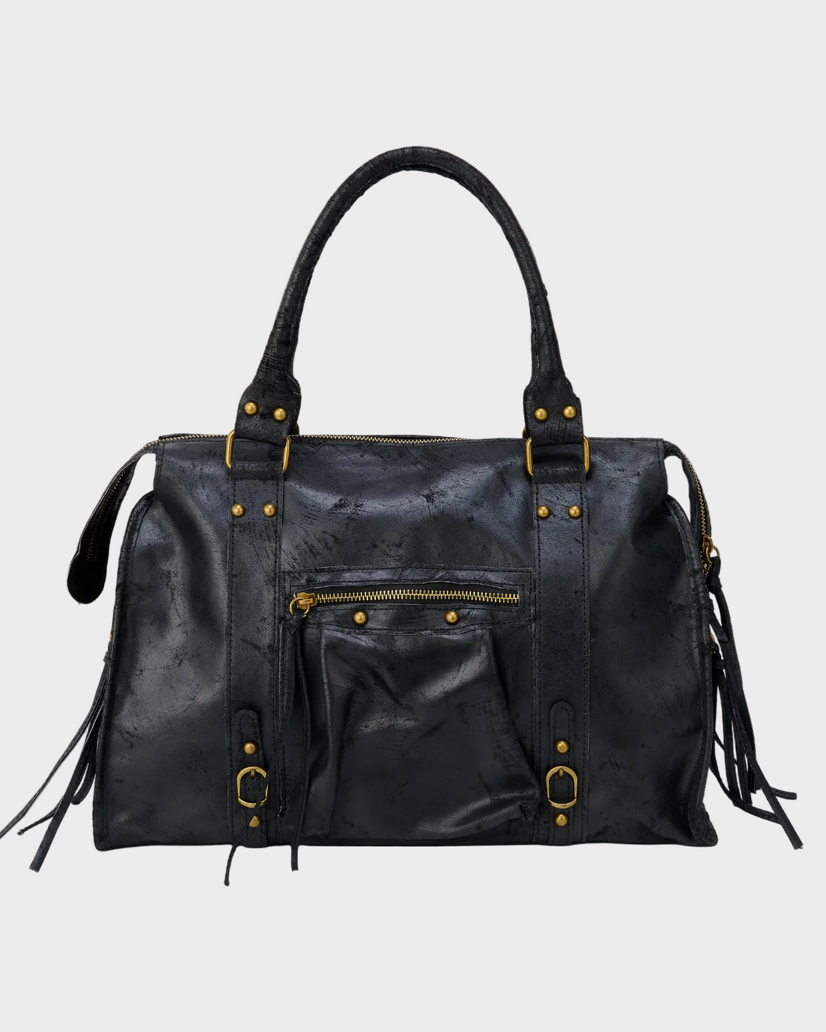 Leather Handbag Black Distressed with Tassel Zip Pocket Women's Satchel – Casual, Office