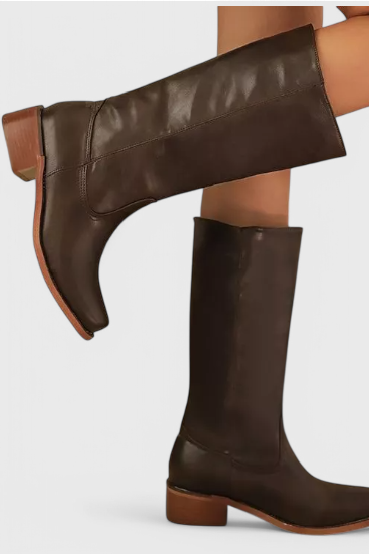 Leather Knee-High Boots Women's Tan Block Heel – Casual, Office, Holiday, Gift · Faylori