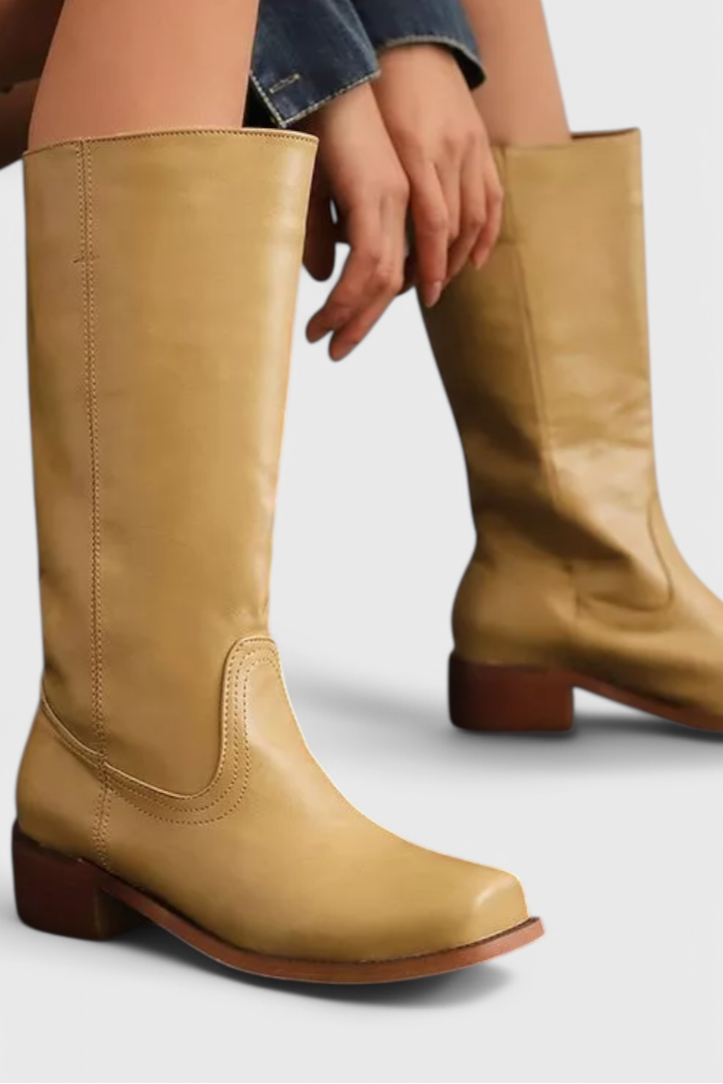 Leather Knee-High Boots Women's Tan Block Heel – Casual, Office, Holiday, Gift · Faylori