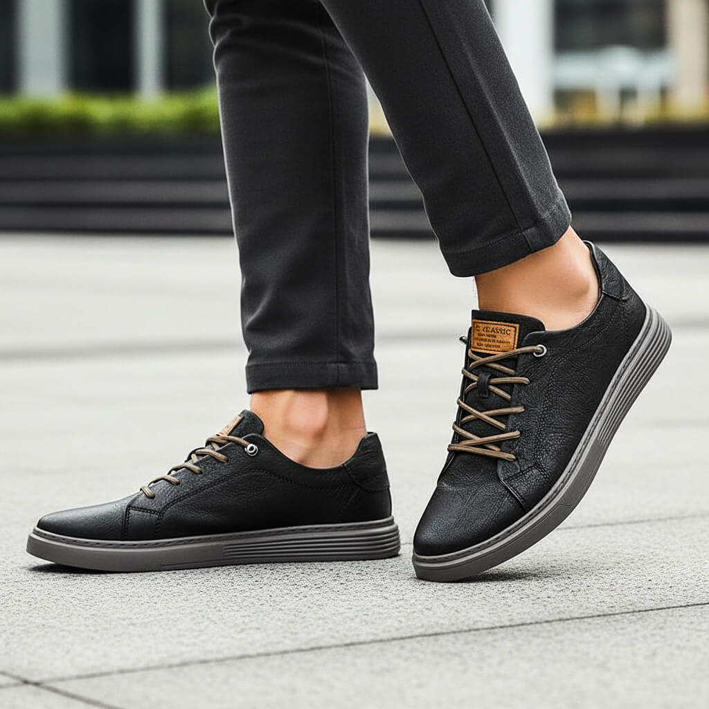 Leather Sneakers Black Lace-Up Men's Low-Top Casual Shoes – Casual, Office, Everyday