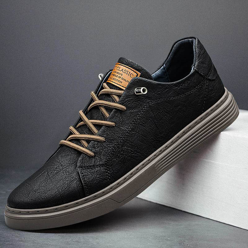 Leather Sneakers Black Lace-Up Men's Low-Top Casual Shoes – Casual, Office, Everyday