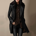 Leather Trench Coat Women's Black Double-Breasted with Sherpa Collar – Casual, Office, Winter