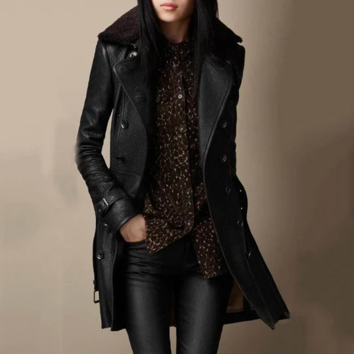 Leather Trench Coat Women's Black Double-Breasted with Sherpa Collar – Casual, Office, Winter