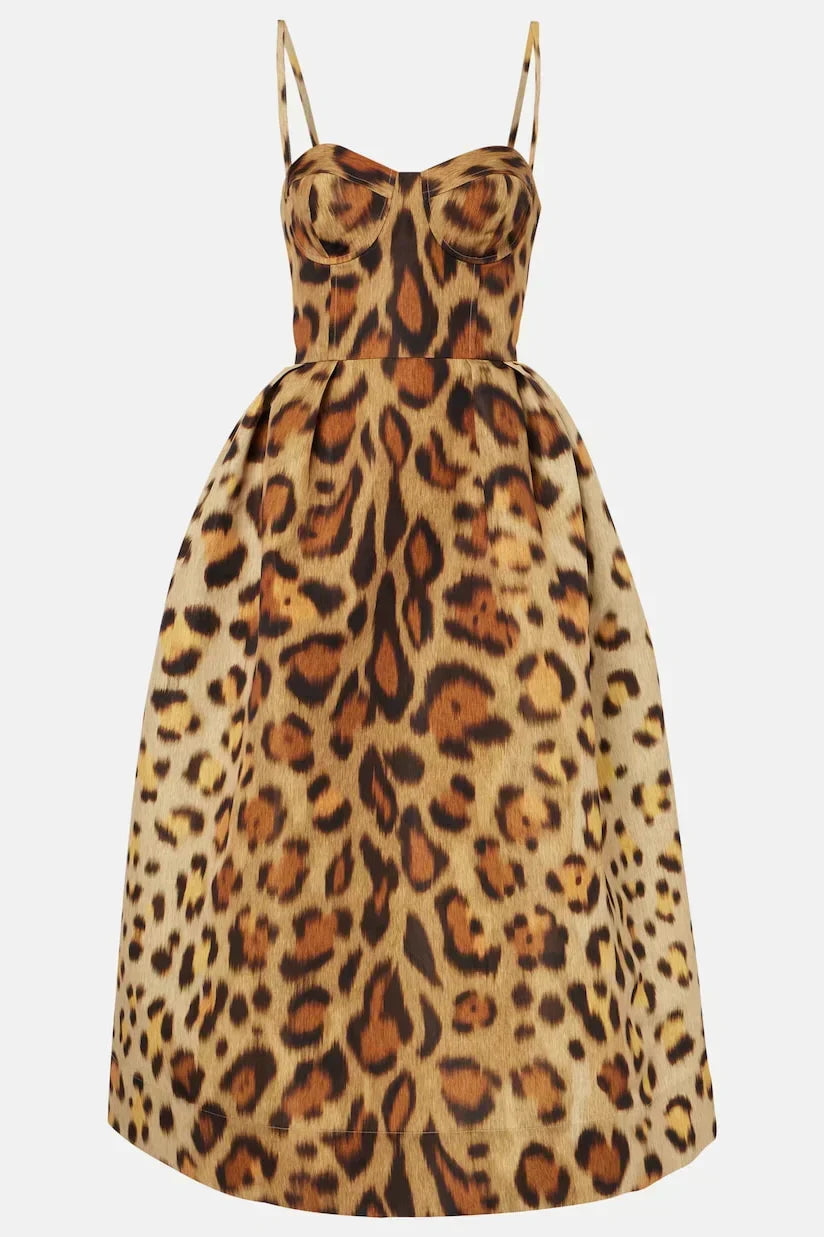Leopard Print Midi Dress Women's Bustier Corset A-Line – Cocktail, Formal Occasion
