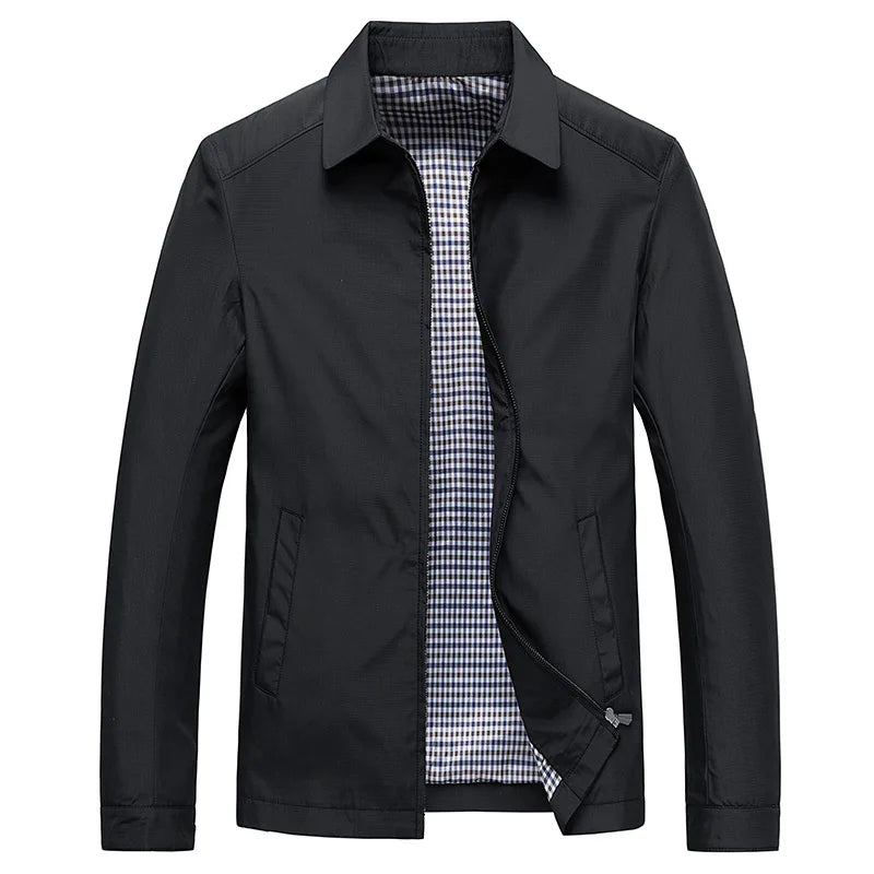 Lightweight Zip Jacket Men's Black Lapel Collar Plaid-Lined – Casual, Office, Everyday, Gift