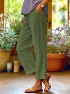 Linen Cropped Trousers White Women's Cuffed Ankle Pants – Casual, Office · Faylori