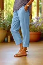 Linen Cropped Trousers White Women's Cuffed Ankle Pants – Casual, Office · Faylori