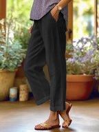 Linen Cropped Trousers White Women's Cuffed Ankle Pants – Casual, Office · Faylori