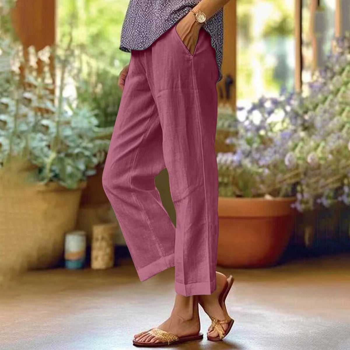 Linen Cropped Trousers White Women's Cuffed Ankle Pants – Casual, Office · Faylori