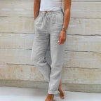 Linen Pants Women's Light Blue Drawstring Elastic Waist Trousers – Casual, Office