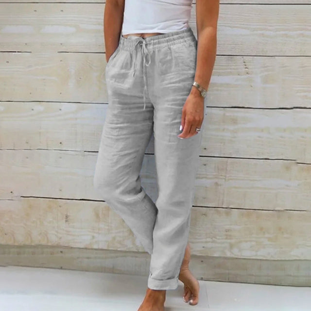 Linen Pants Women's Light Blue Drawstring Elastic Waist Trousers – Casual, Office