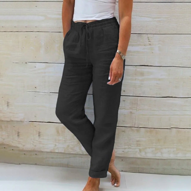 Linen Pants Women's Light Blue Drawstring Elastic Waist Trousers – Casual, Office