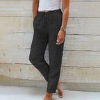 Linen Pants Women's Light Blue Drawstring Elastic Waist Trousers – Casual, Office