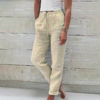 Linen Pants Women's Light Blue Drawstring Elastic Waist Trousers – Casual, Office