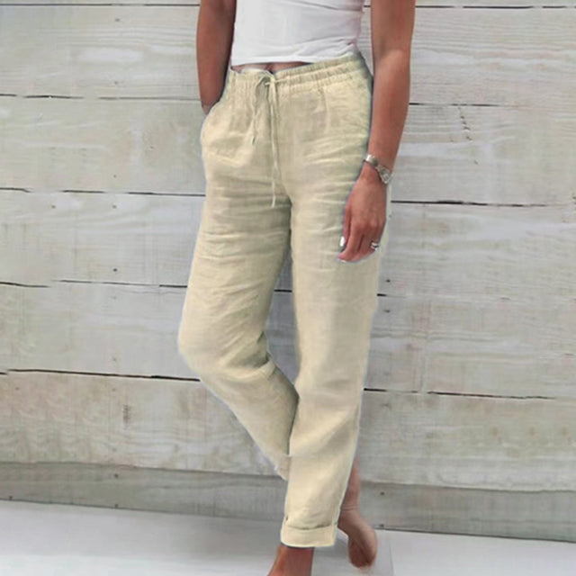 Linen Pants Women's Light Blue Drawstring Elastic Waist Trousers – Casual, Office