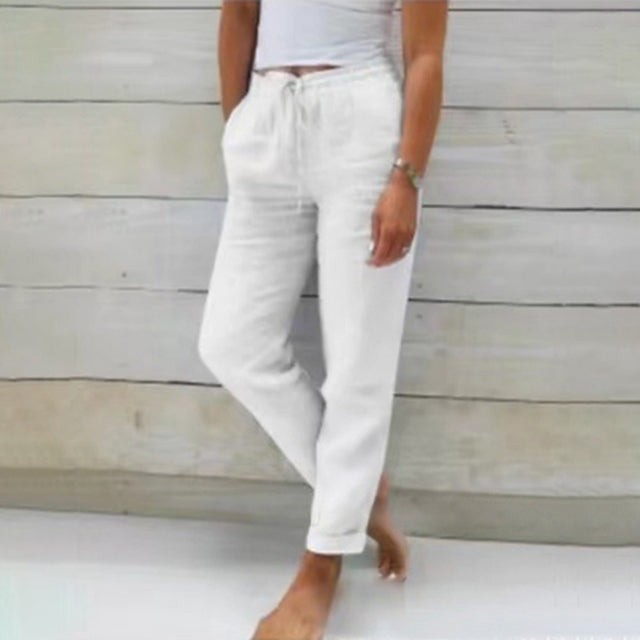 Linen Pants Women's Light Blue Drawstring Elastic Waist Trousers – Casual, Office