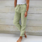 Linen Pants Women's Light Blue Drawstring Elastic Waist Trousers – Casual, Office
