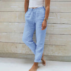 Linen Pants Women's Light Blue Drawstring Elastic Waist Trousers – Casual, Office